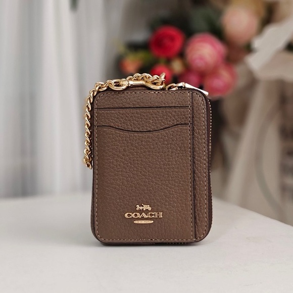 NWT COACH ZIP LEATHER CARD CASE/ MINI WALLET/ WRISTLET 6303 IM/DARK STONE $118 - Picture 1 of 4